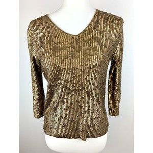 VTG Oscar De La Renta Disco Sequin Top Small Gold Sequins On Cotton Sweater